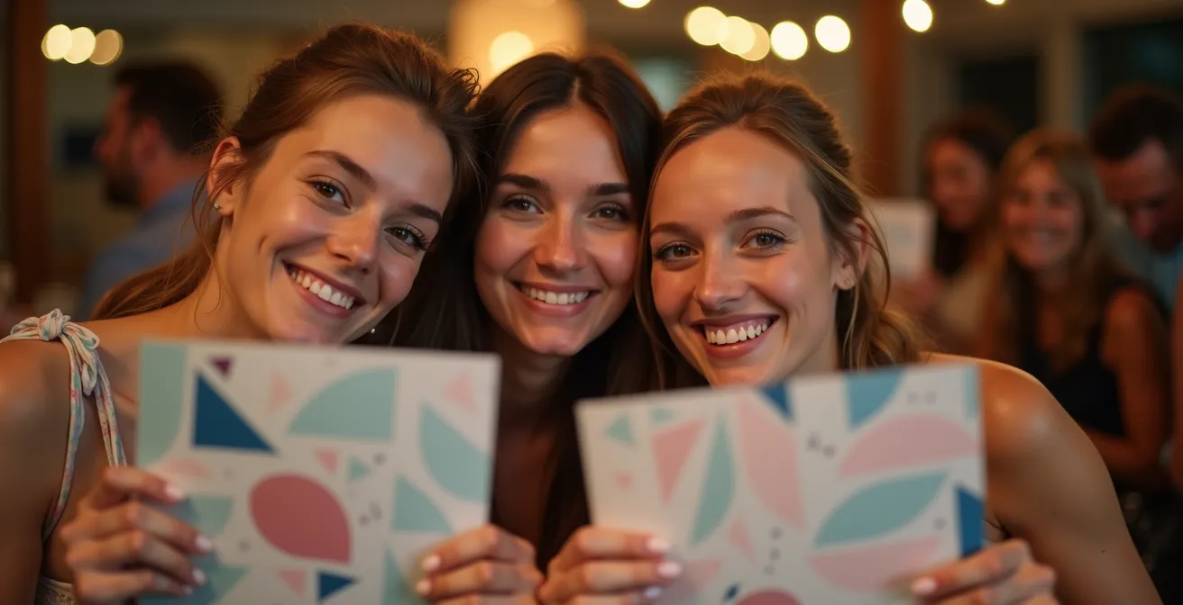 Vue rapprochée d'invités interagissant avec un photobooth aux motifs personnalisés