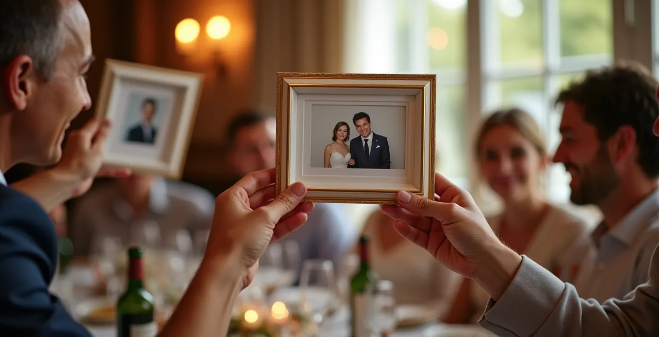 Mains d'invités tenant des cadres photos personnalisés avec expressions joyeuses