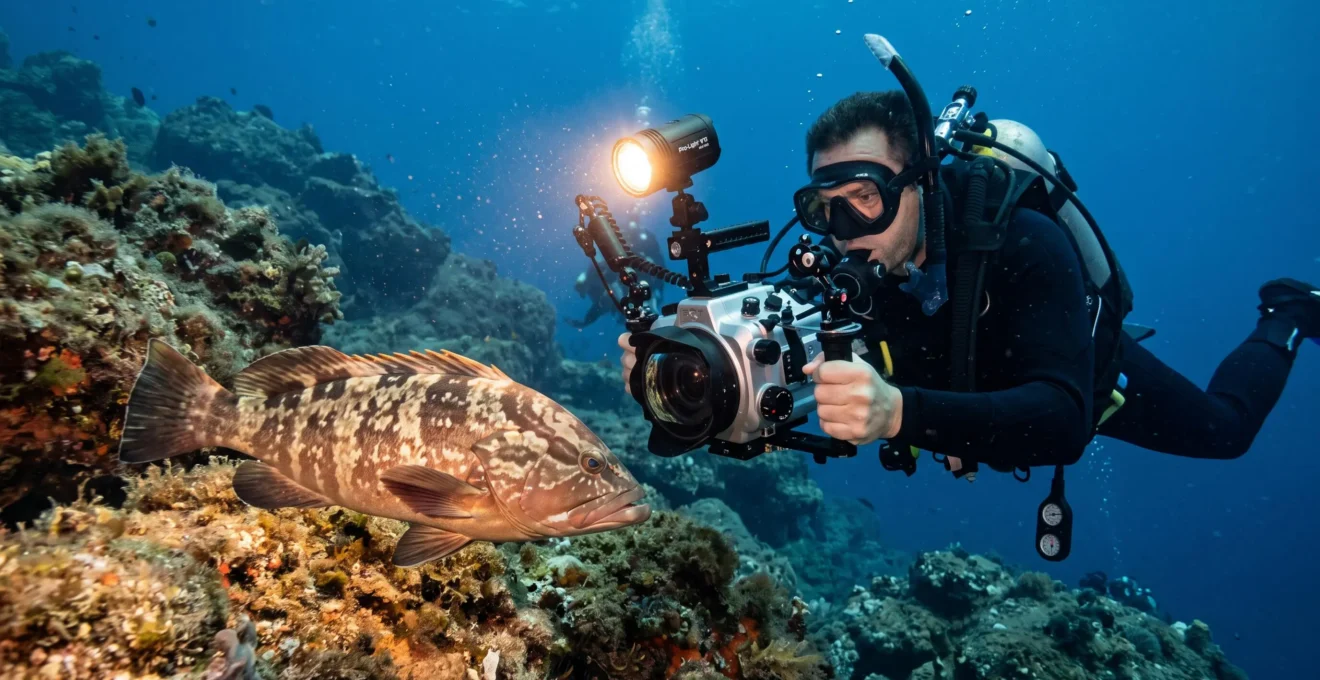 Plongeur-vidéaste filmant un mérou en Méditerranée avec un phare vidéo compact monté sur sa caméra sous-marine
