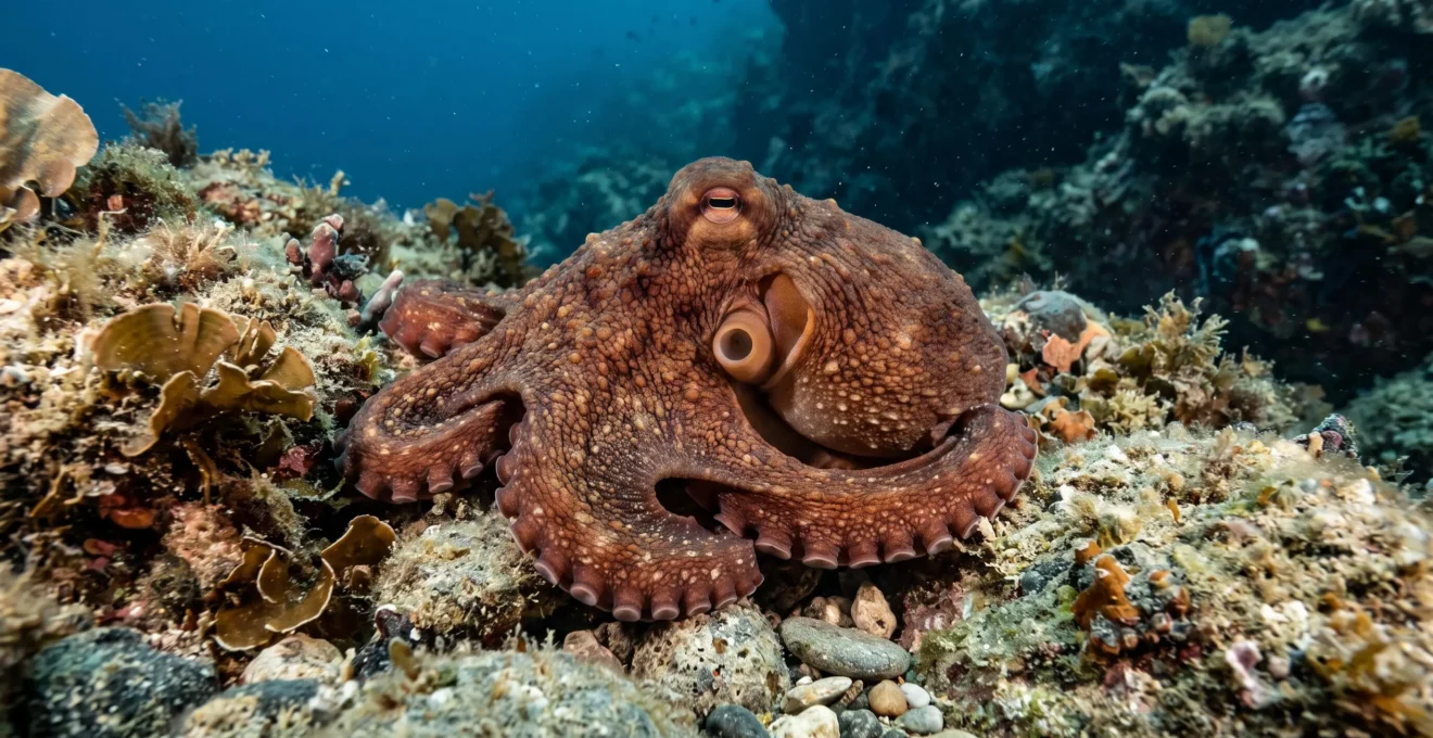 Poulpe méditerranéen au repos sur fond rocheux éclairé doucement par un phare vidéo montrant un comportement calme