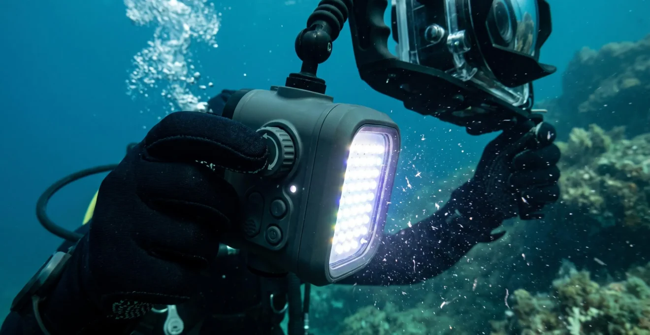 Main de plongeur ajustant les réglages de puissance d'un phare vidéo compact sous l'eau pendant une plongée